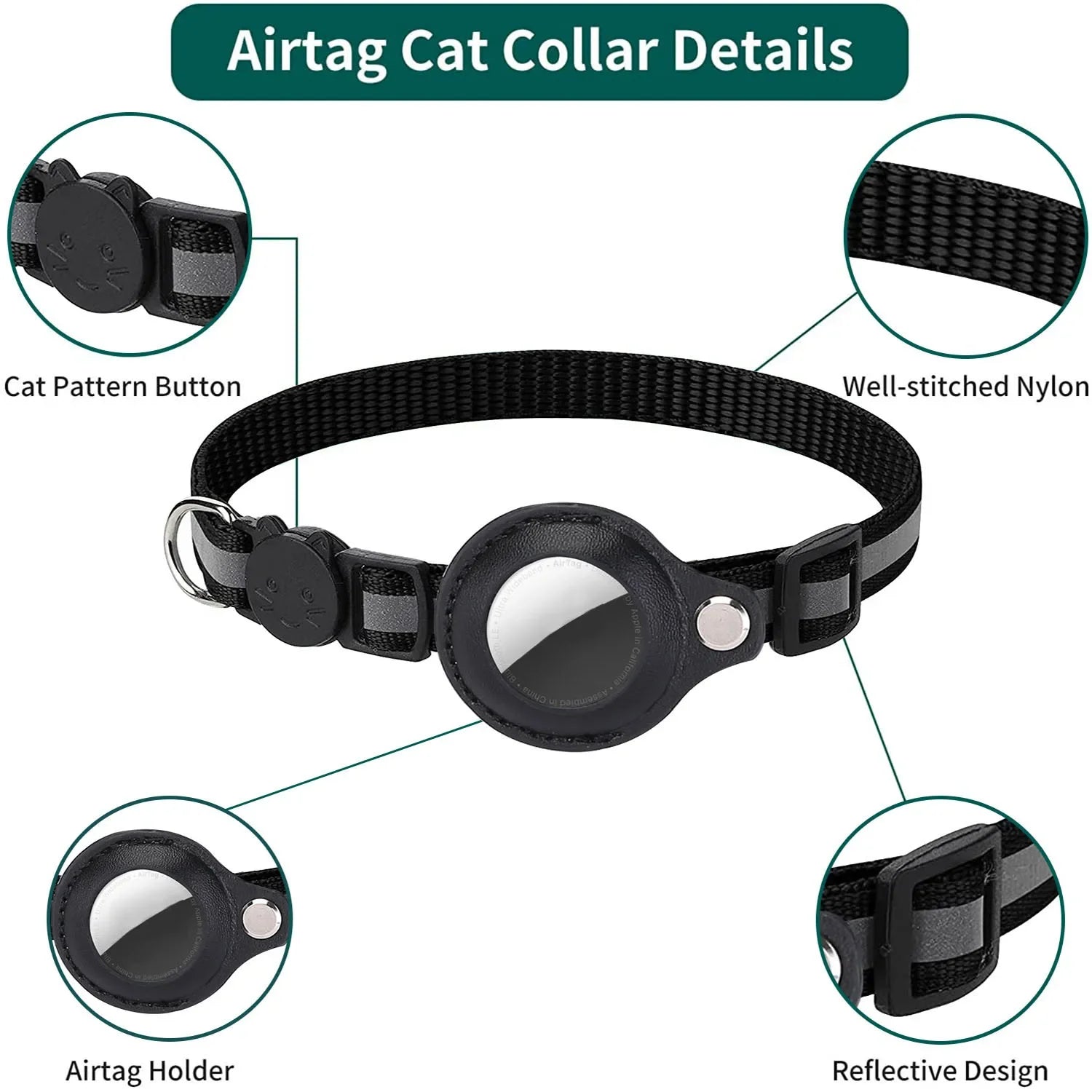 Waterproof Cat Airtag Collar with Bell & Secure Airtag Case Breakaway Design with Reflective Strips, Adjustable Kitten Collar