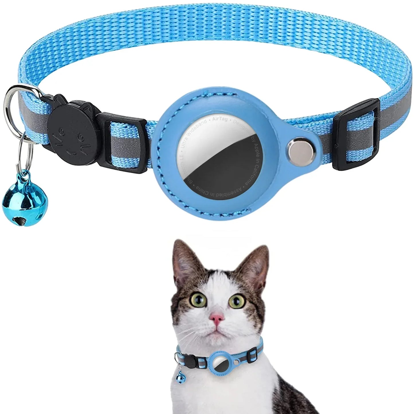 Waterproof Cat Airtag Collar with Bell & Secure Airtag Case Breakaway Design with Reflective Strips, Adjustable Kitten Collar
