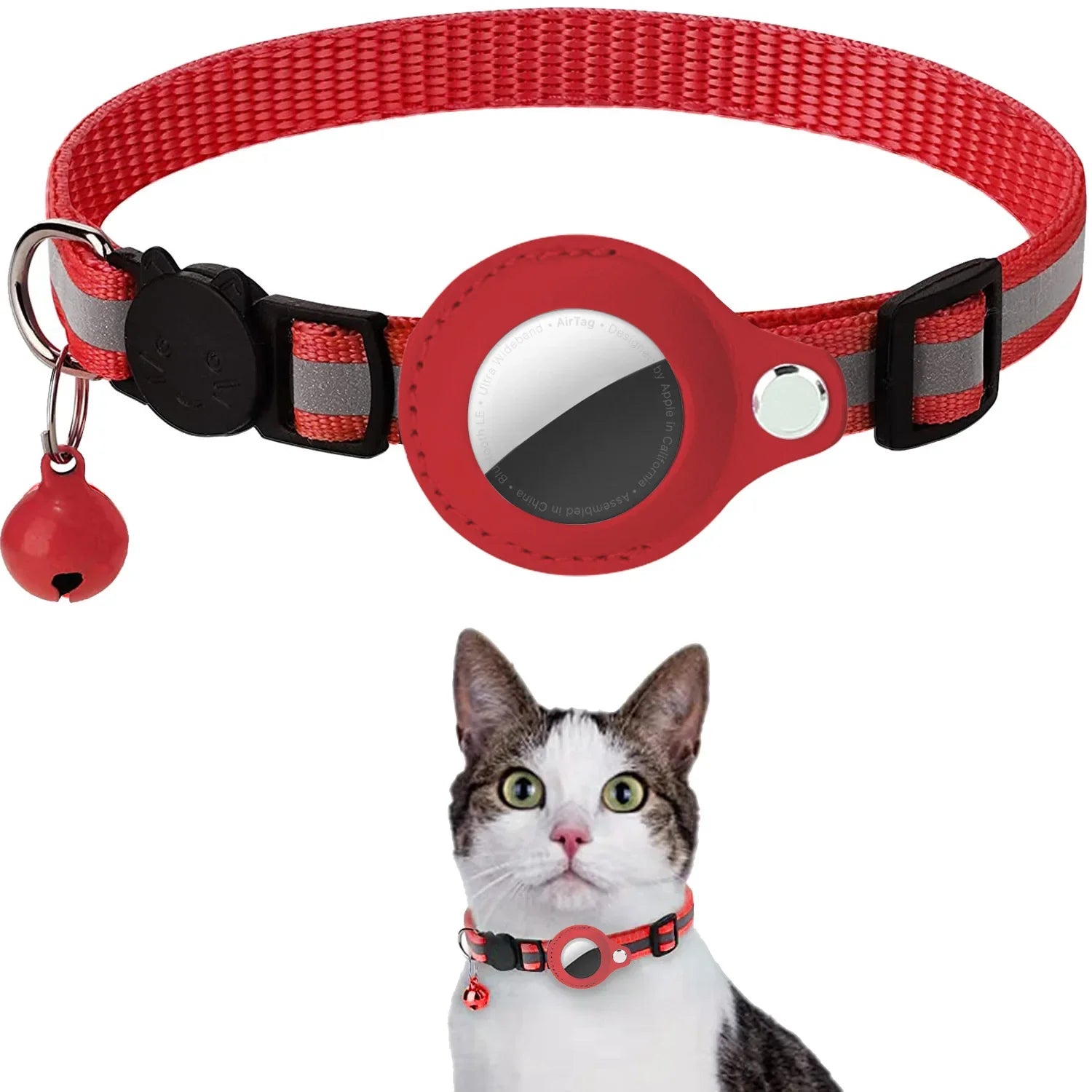 Waterproof Cat Airtag Collar with Bell & Secure Airtag Case Breakaway Design with Reflective Strips, Adjustable Kitten Collar